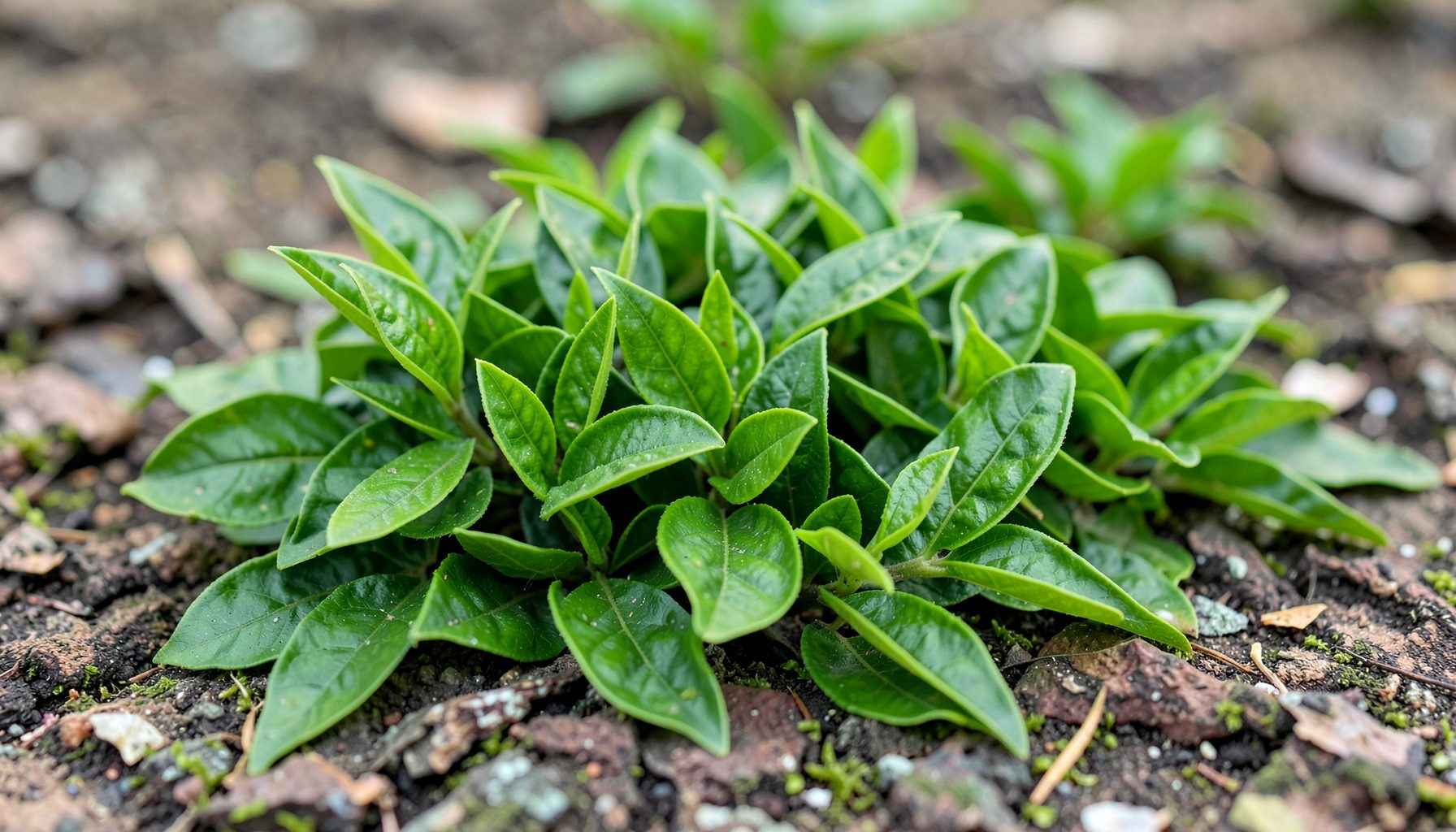 Feuilles de thé vert fraîches disposées délicatement sur une surface naturelle.