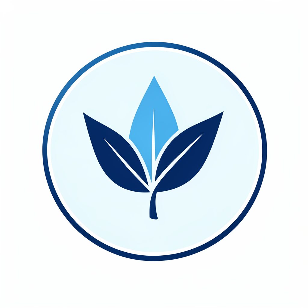 Logo circulaire aux tons bleu ciel et marine, évoquant une feuille de thé stylisée, sobre et épuré.