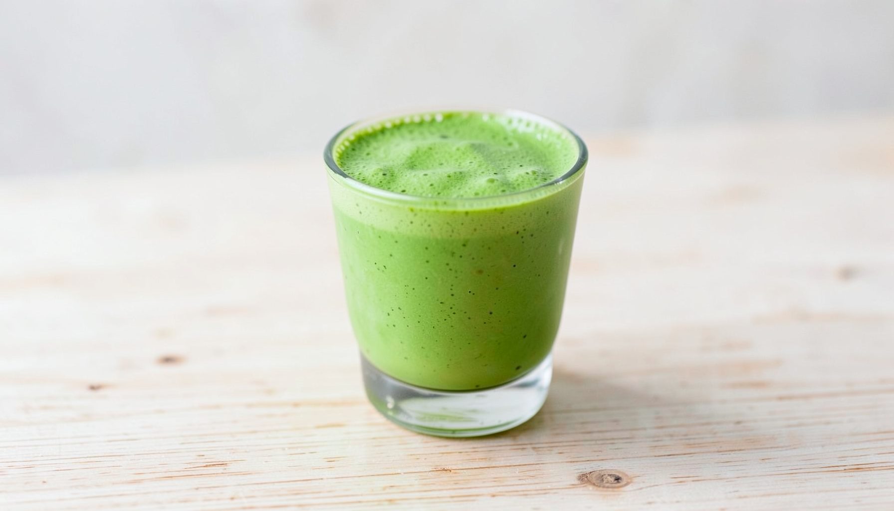 Tasse de thé matcha mousseux d'un vert tendre, posée sur une table en bois clair.