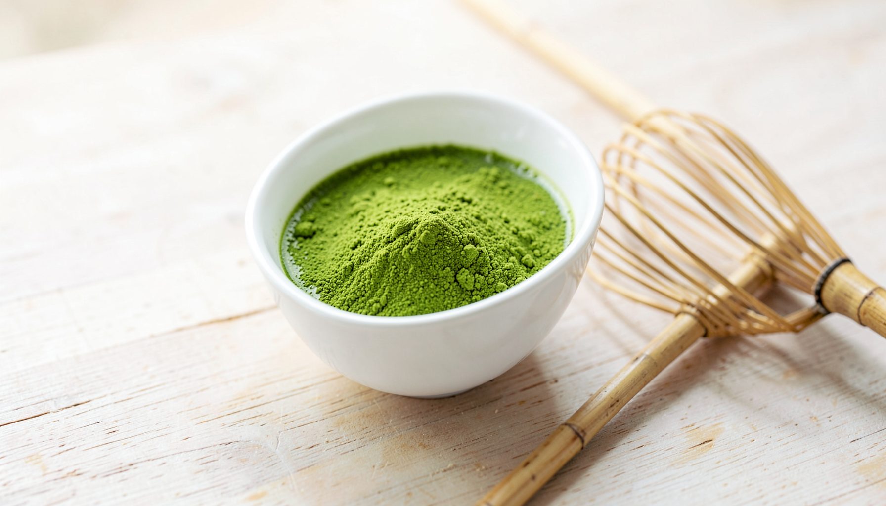 Un bol de thé vert matcha en poudre d'un vert vif, posé sur une surface claire en bois, à côté d'un fouet en bambou, dans une lumière douce et naturelle.